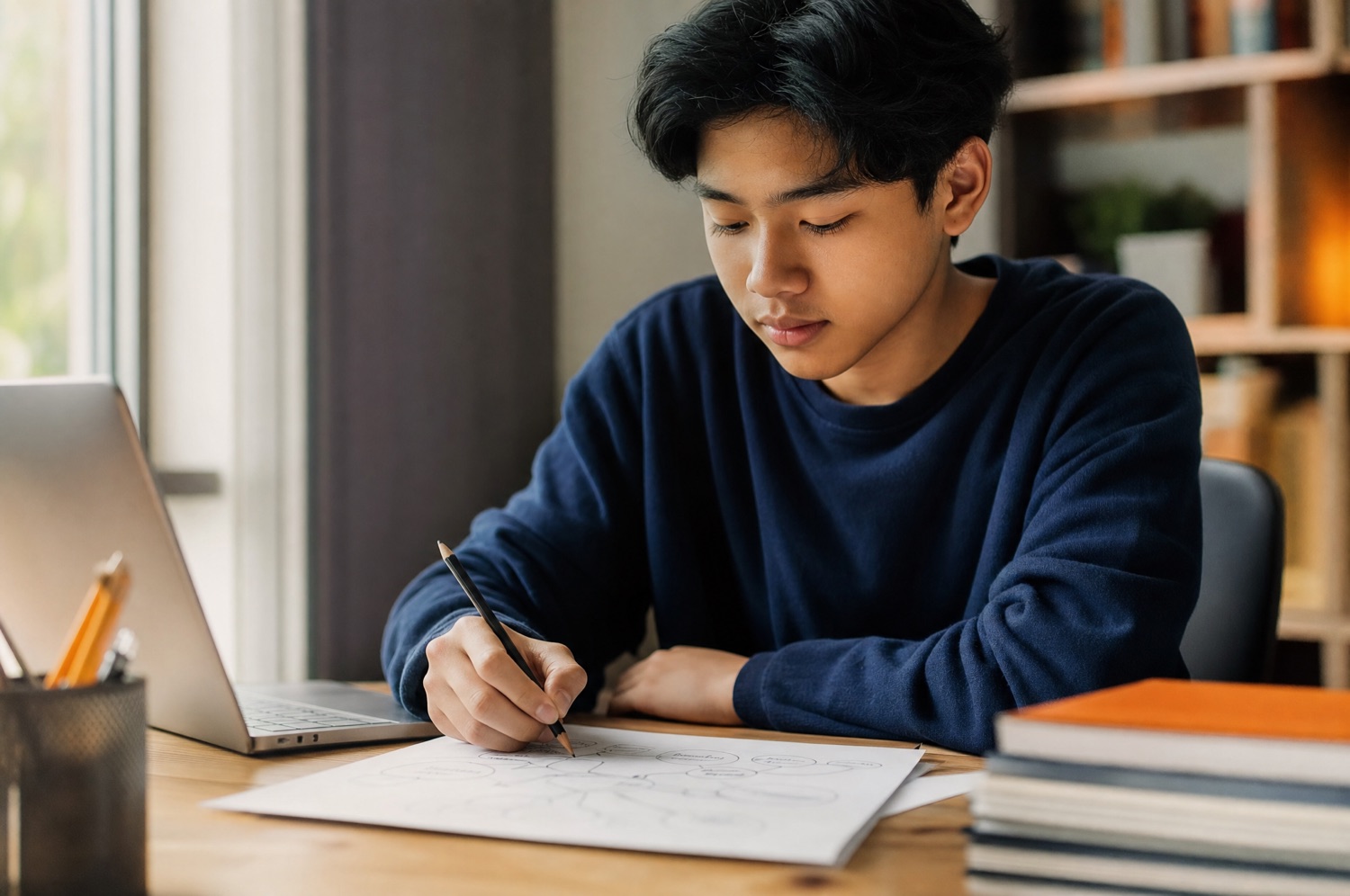 Remaja menyusun idenya di kertas sebelum memakai AI
